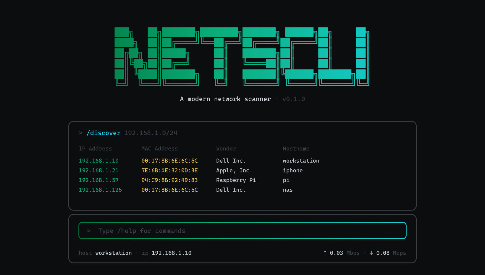 netscli terminal UI running /discover: list of live hosts on the local subnet with IP addresses, hostnames, and response times