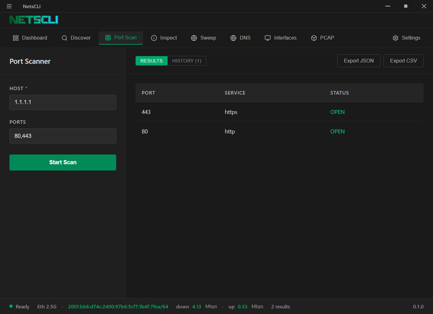 Port scan results in the desktop app